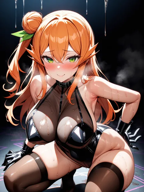 ((solo girl)),(((hinatsuki mikan,orange hair,green eyes,sidetail hair,one side bun head,green hairbow))),((nsfw)),(Heavy breathing,blush, sweat, Sweaty and wet all over,Steam,)((dripping wet full body,Love juice drips from the crotch)),gigantic breast,nsfw...