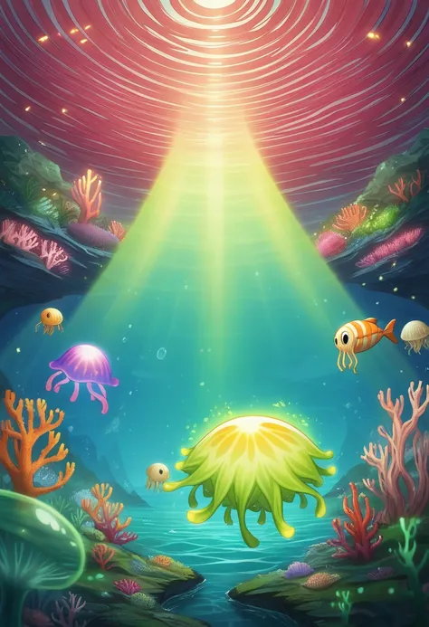 masterpiece, Highest quality, (Very detailed CG Unity 8k 壁紙), (Highest quality), (Best illustrations), (Best Shadow), Marine theme with natural elements. Tall mangrove, rich Seaweed, Luminous jellyfish, Surrounded by schools of fish, Luminous particle effe...