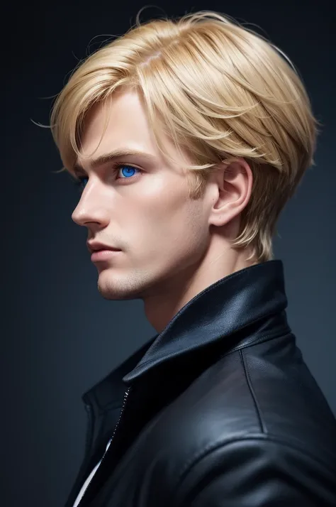 Profile photo with black and navy blue background of blond man, shorth hair, blue eye, that conveys authority and professionalism 