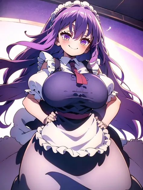 1 girl, game cg, brown short frilled dress, small apron, ((gigantic breasts)), light purple hair, long hair, french braid, purple eyes, smile, white background, own hands clasped,