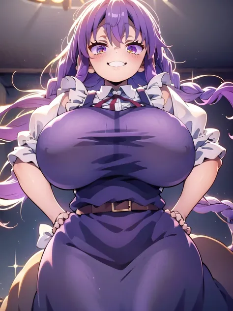 1 girl, game cg, brown short frilled dress, small apron, ((gigantic breasts)), light purple hair, long hair, french braid, purple eyes, smile, white background, own hands clasped,