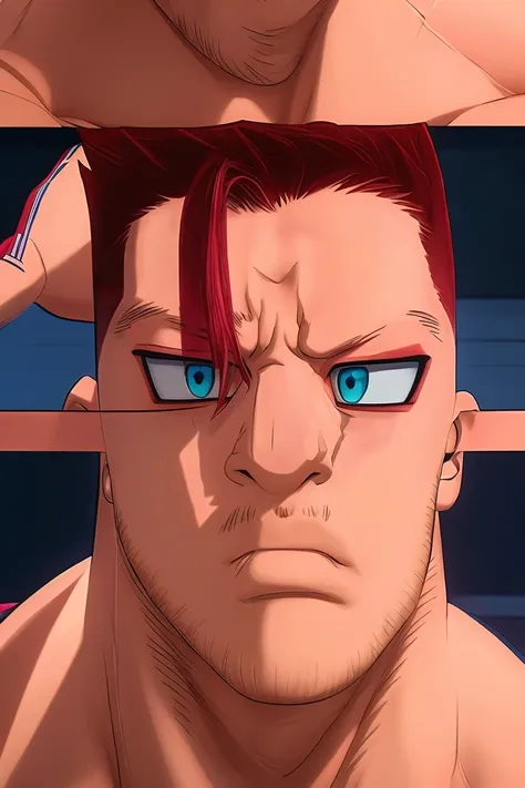 enji, naked, muscular, sensual, masculine, red hair, blue eyes, scare in his face