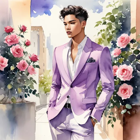 candid fashion illustration of young Mixed race 2man, both aged 18-23 year old, ((showcase fashion look book)), the design inspired by Lucifer Rose by KAWAMOTO Rose Garden, Depict Lucifer as a charismatic and sophisticated figure dressed in a casual yet el...