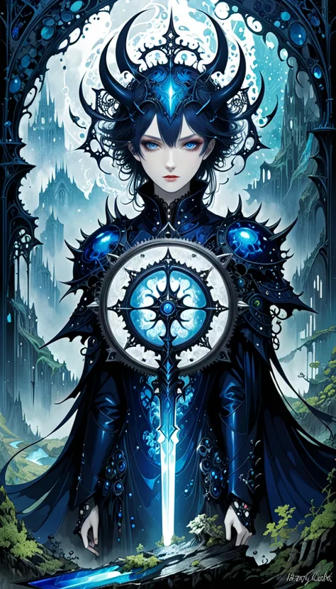 Harry Clark (Harry Clarke) style,(Mysterious landscape),[There is a lot of suspense],fantasy,dark,Dark,atmosphere,Dark,(Magical stone showing modern technology model),(Devil Gear:1.3),(A heavy sword with a dangerous aura:1.2),(Future technological changes:...