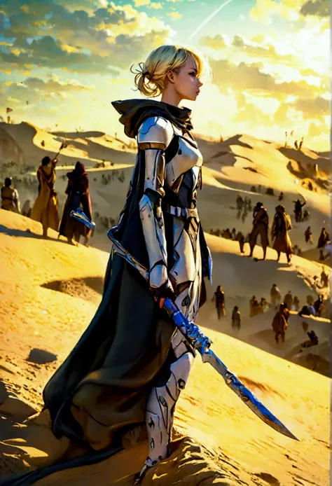 a beautiful woman with blonde hair wearing a sci-fi dune stillsuit, standing on top of a sand dune holding a dagger, 100s of tribal rebels watching her, cinematic lighting, hyper realistic, dramatic, intricate details, volumetric fog, warm color palette, e...