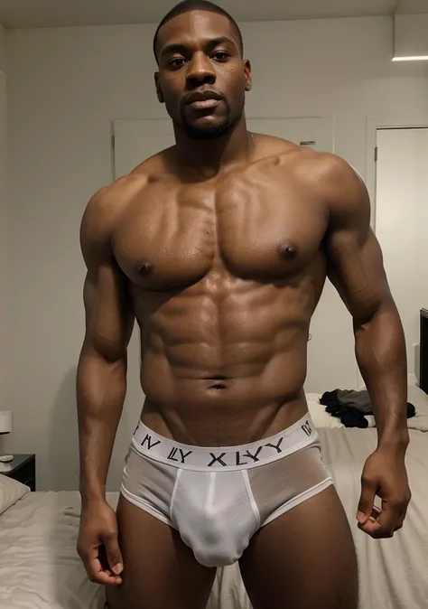 realistic phoo of alpha black male, strong, ugly face, matyre, 40 years, luxyry bedroom, tall, perfect skinny body, on bedroom, white brefs color, boxer bruefs color white, serious loos, mãos na cintura, ugly face, terrible ugly face, alpha male.