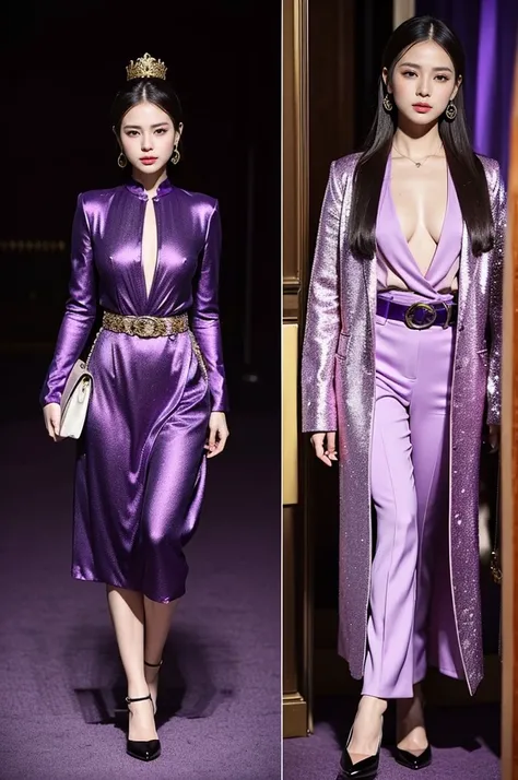 Purple with gold：The combination of purple and gold is very luxurious and shocking，Suitable for creating a high-end look。You can choose a purple dress or top，With a golden jacket、Trousers or accessories，Such as handbags、Belt or shoes，Showing elegance and l...