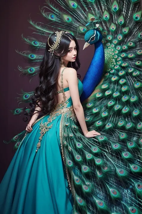 Peacock with long hair and dress