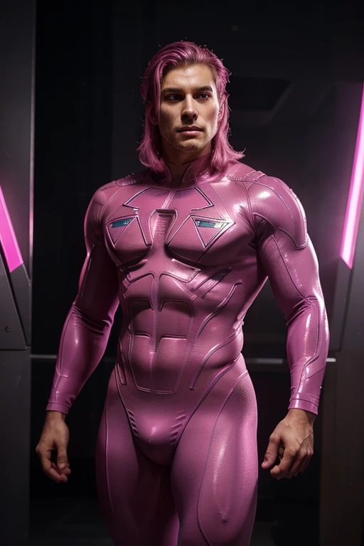 full body photorealistic An Alien handsome hunky masculine man from Krypton. pink hair , Super Athletic body. translucent eyes and prominent cheekbones. Wearing a form-fitting pink and magenta biomorphic bodysuit. With embossed STAR on the chest, Futuristi...