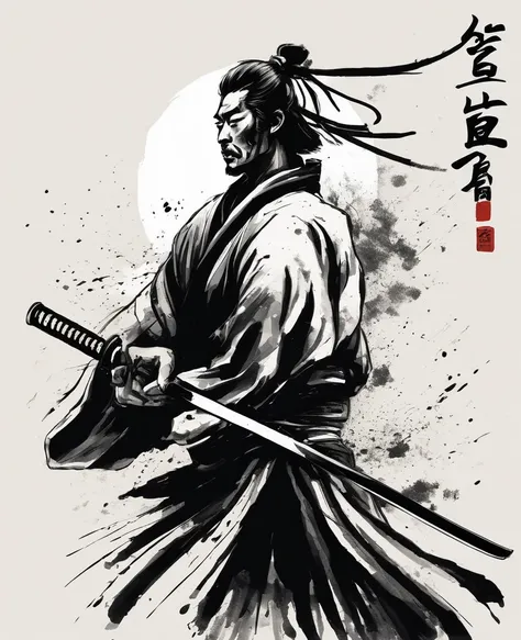 a samurai holding a japanese sword is depicted in a dynamic, simple black and white ink style.