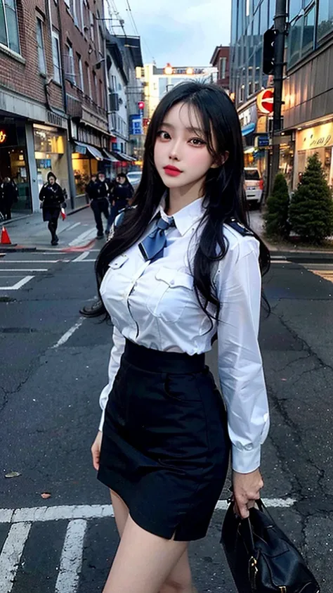 An absurd solution, High resolution, (masterpiece:1.4), Super detailed, One girl,Blue Eye Color, Long black hair，Wear a police uniform and a short skirt, City streets,Sexy posture, The camera is close to the body