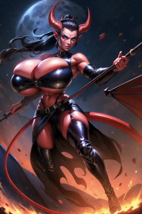 Busty Red skin succubus tiefling, large breasts, black horns, wings, huge tail, black leather, crop top, long flowing pelvic curtain, tall, toned, graceful, thin, long black ponytail. Action scene, whip. Dark scene, explosions, night sky.