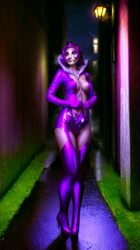 Dominatrix cyber Batwoman wearing a skin-tight uniform stsapph2024 in a dark and sinister narrow alley under a dim street light, (cyberpunk style), Evangelion style, mecha, (sensual pose with her hands on her waist), (rainy night with fog), Batgirl, bodysu...