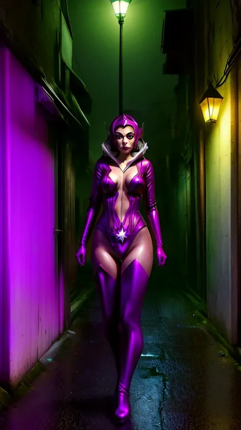 Dominatrix cyber Batwoman wearing a skin-tight uniform stsapph2024 in a dark and sinister narrow alley under a dim street light, (cyberpunk style), Evangelion style, mecha, (sensual pose with her hands on her waist), (rainy night with fog), Batgirl, bodysu...