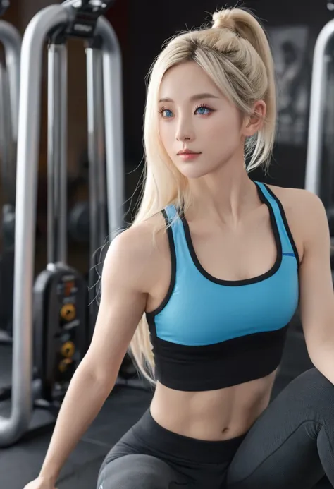 masterpiece, best quality, 8K, Photographic Reality, Practical, Octane Rendering, Japanese gym workout (1 female: 1.4), (There is only one woman in the photo: 1.4), (Long blond hair), (Pink sports vest|Black yoga pants), (blue eyes) Side display