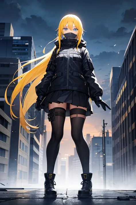 girl, blue eyes, long yellow hair, black balaclava, black jacket, short black skirt, black boots, black knuckleless gloves. (abandoned city background)