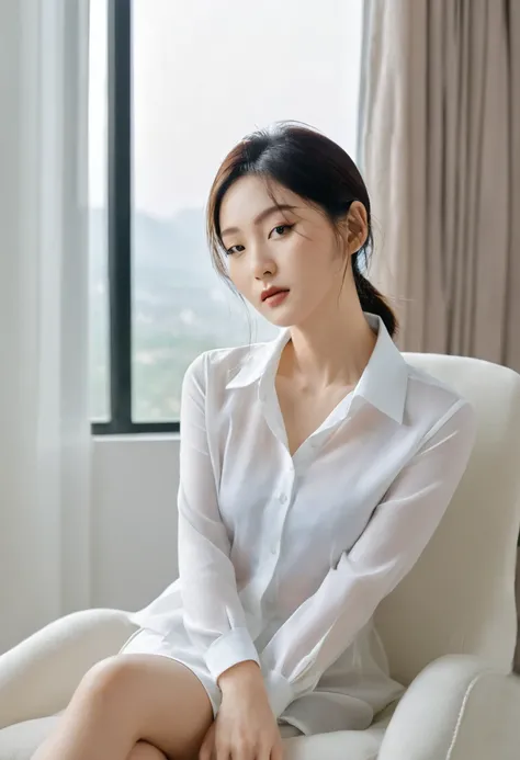 Close-up：A woman in a white shirt sits on a chair, Beautiful young Korean woman, White clothes are transparent, breast，can be seen