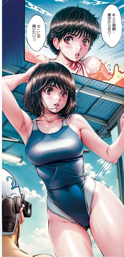 A boyish, short-haired, busty, beautiful-legged woman is standing by the pool in a competitive swimsuit, legs spread to the sides, mouth open, and blushing.。The camera is pointed at a middle-aged man。