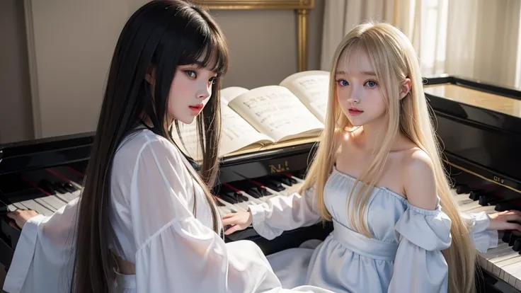 playing piano.silky shiny skin、22 year old cute sexy little beautiful face、Hair glows in front of a cute face、long silky bangs covering the eyes、pale light blue eyes、Young woman super long blonde shiny golden bright straight hair、with round face、Small face...