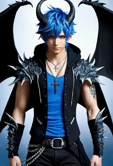 
anime homen, black and blue hair, best qualityrr,open chest vest, blue and black clothes, Dragon Wings, black cloth on face, silver cross chain on neck, black hood with blue horns 