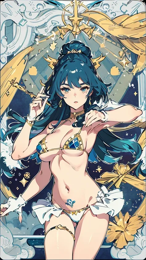 tarot cards,Hands together,Vulcan salute,attention, There is a halo behind the head,finely_detailed, perfect_Body, perfect_Eye, perfect_Face, perfect_finger,Yu-Gi-Oh card game style、(((Voluminous breasts 1.8)))、(((micro bikini 1.4)))、(Saggy breasts 1.4)、(C...