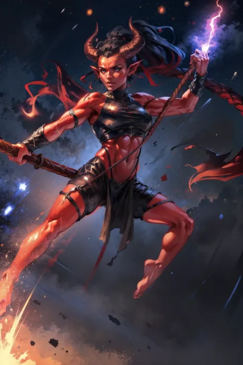 Red skin succubus tiefling, medium breasts, black horns, wings, huge tail, black leather, crop top, long flowing pelvic curtain, tall, toned, graceful, thin, long black ponytail. Action scene, whip. Dark scene, explosions, night sky.