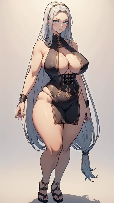 (masterpiece), best quality, female warrior, huge girl, female muscular:1.2, ((long hair:1.6)), (silver hair), big breast, (curvy:1.7), (((blank background))), ((full body)), fingerless gloves, sandals, sleeveless, covered nipples, detailed dress, ((straig...