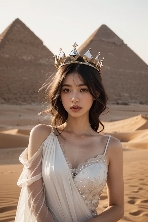 ((Best quality))),((Ultra-detailed)),((illustration)),((Disheveled hair)),((frilld)),(1 girl),(Solo),
1girl,In the desert, Pyramid background, crown, Princess dress, Desert Princess