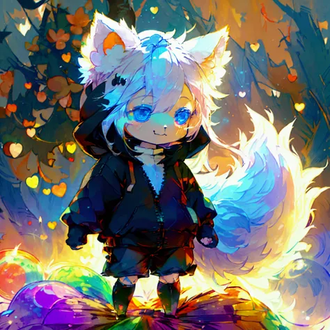 a cute adult male with wolf ears, long white hair, long locks, has a wolf tail, wearing a loose cropped black hoodie, wearing a ...