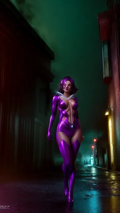 Dominatrix cyber jessica_cruz  wearing a skin-tight uniform stsapph2024 in a dark and sinister narrow alley under a dim street light, (cyberpunk style), Evangelion style, mecha, (sensual pose with her hands on her waist), (rainy night with fog), Batgirl, b...