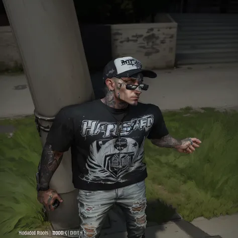 arafed man in a black shirt and a baseball cap standing next to a pole, no hood | | realistic shaded, as a character from gtav, style of gta v, gta character, gta v street style, die antwoord style wear, realistic hyper detailed, highdetailed, tony sandova...