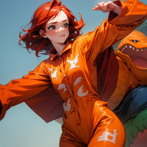 A girl with red hair wearing an orange dinosaur pajama.