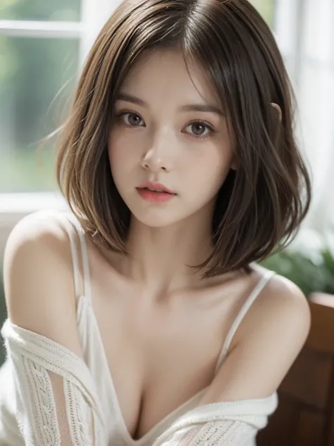 Short hair and white Summer knitting, Summer knitting, long hair, long hair with bangs, girl with a cute face, cute face portrait, french bob, Pale white skin!!, Short brown hair and big eyes, Soft portrait 8 k, beautiful big eyes, beautiful girl, young gi...