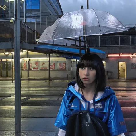 The picture of the girl, standing by the bus station, holding the umbrella to look towards the car, the sky was raining, the lights were dim, the person on the road was noisy