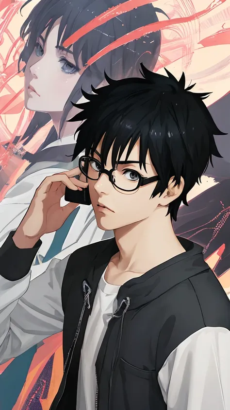 Anime Shōnen with black hair and glasses talking on a cell phone, Anime Style 4 k, Anime Moe Art Style, Anime Shōnen, Anime Style. 8K, Smooth anime CG art, High quality anime art style, 4k anime wallpaper, Young Anime Guy, Detailed digital anime art, Anime...