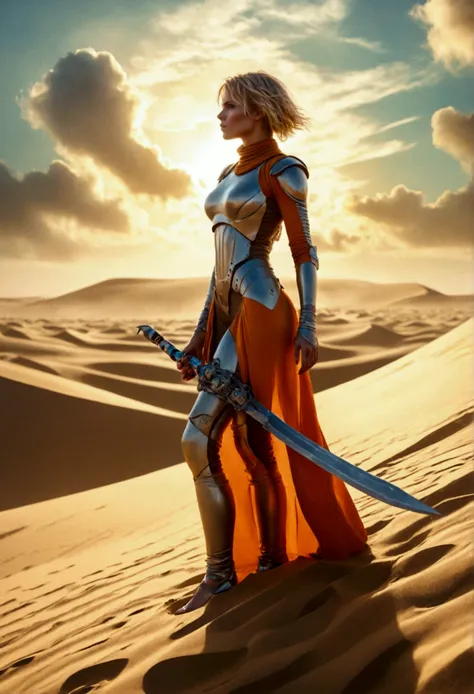 a beautiful woman with blonde hair wearing a sci-fi dune stillsuit, standing on top of a sand dune holding a dagger, 100s of tribal rebels watching her, cinematic lighting, hyper realistic, dramatic, intricate details, volumetric fog, warm color palette, e...