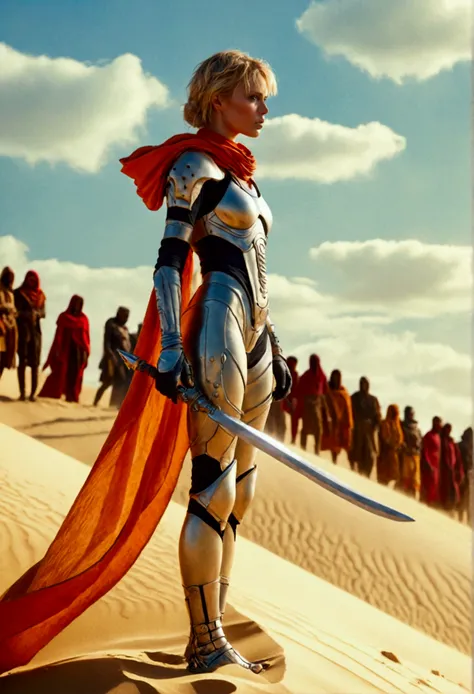 a beautiful woman with blonde hair wearing a sci-fi dune stillsuit, standing on top of a sand dune holding a dagger, 100s of tribal rebels watching her, cinematic lighting, hyper realistic, dramatic, intricate details, volumetric fog, warm color palette, e...