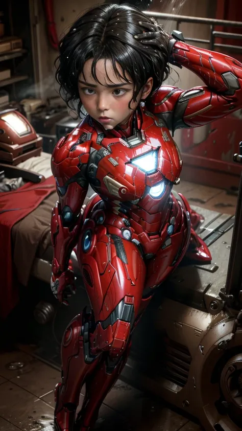 Highest quality　8k Red Iron Man Suit Girl　Middle-aged women　Sweaty face　cute　short hair　boyish　Steam coming out of my head　My hair is wet with sweat　The feel of black hair　Full body portrait　My upper body is soaked　 　I can see the vagina　Lying in bed　Face ...