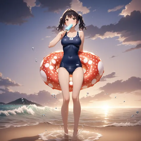 1girl、Eating a popsicle、Black Hair、Pigtails、Navy blue school swimsuit、Brown Skin、Red polka dot swim ring、Red underwater goggles、Ocean、Perfect hands、deep faint light 、 detailed CG、high resolution
