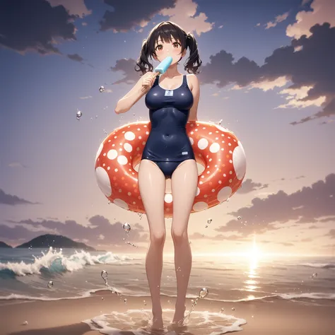 1girl、Eating a popsicle、Black Hair、Pigtails、Navy blue school swimsuit、Brown Skin、Red polka dot swim ring、Red underwater goggles、Ocean、Perfect hands、deep faint light 、 detailed CG、high resolution
