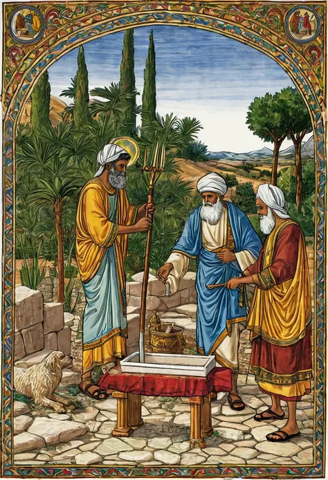 Scenes of Abraham building the altar and preparing the materials for the sacrifice.
