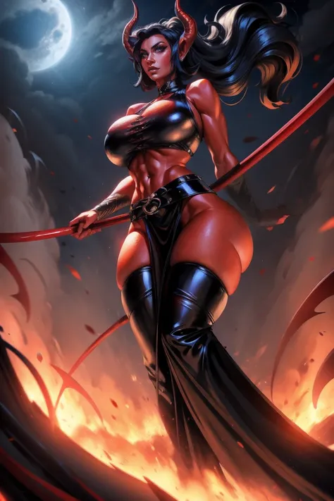 Red skin succubus tiefling, medium breasts, black horns, wings, huge tail, black leather, crop top, long flowing pelvic curtain, tall, toned, graceful, thin, long black ponytail. Action scene, whip. Dark scene, explosions, night sky.