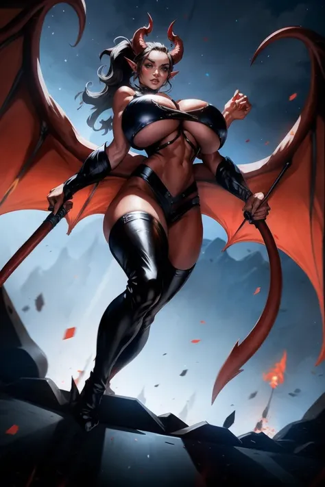 Red skin succubus tiefling, medium breasts, black horns, wings, huge tail, black leather, crop top, long flowing pelvic curtain, tall, toned, graceful, thin, long black ponytail. Action scene, whip. Dark scene, explosions, night sky.