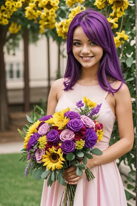 Purple hair girl, yellow right eye and pink left eye, Red dress, smiling, with a bouquet of flowers in her hand