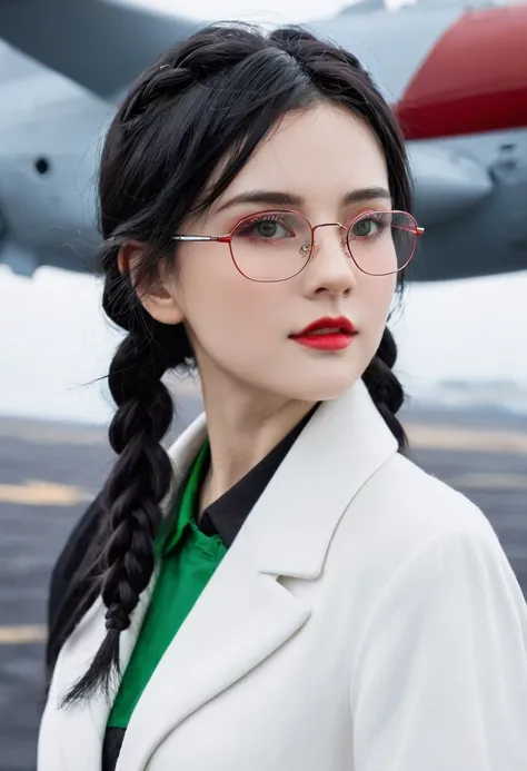 HD,Miss,Small size,Black Hair,Double Braid Hairstyle,Boooon,Green Eyes,Red glasses,Wear formal clothing,,White coat,Dark Expression,warship,, Futuristic, Science fiction, warplane, space, war