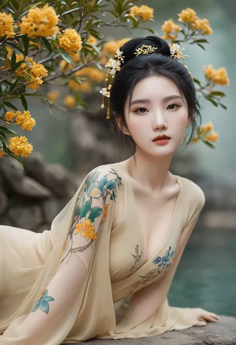 Chinese Beauty, Charming temperament, floating long dress, Clear face, beautiful eyes, Around osmanthus flowers, A masterpiece of perfect body structure proportions, Very detailed, Epic Composition, Color Tattoo Art, Neo-Traditional Tattoo Art, SD tattoo d...