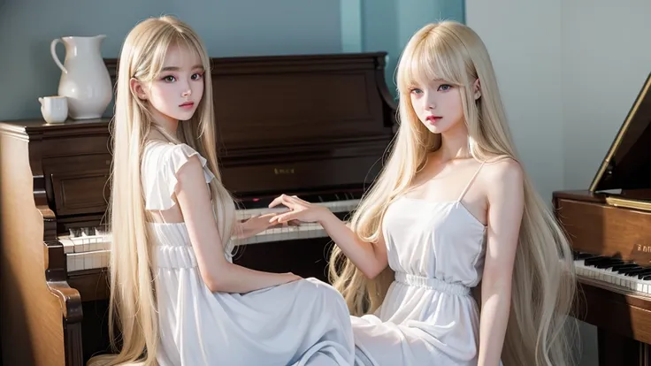 playing piano.silky shiny skin、22 year old cute sexy little beautiful face、Hair glows in front of a cute face、long silky bangs covering the eyes、pale light blue eyes、Young woman super long blonde shiny golden bright straight hair、with round face、Small face...