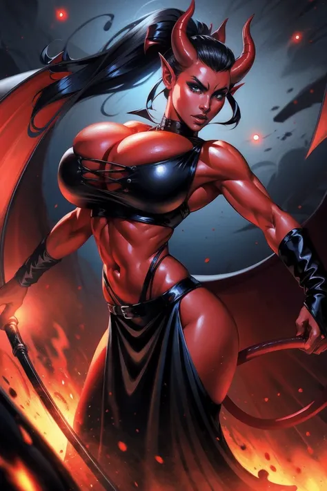 Busty Red skin succubus tiefling, large breasts, black horns, wings, huge tail, black leather, crop top, long flowing pelvic curtain, tall, toned, graceful, thin, long black ponytail. Action scene, whip. Dark scene, explosions, night sky.