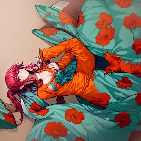 A girl with red hair wearing an orange dinosaur pajama.