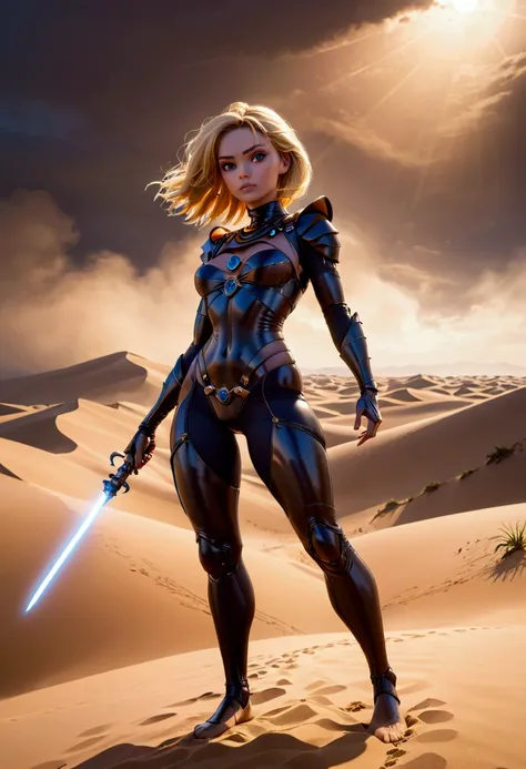 a beautiful woman with blonde hair wearing a sci-fi dune stillsuit, standing on top of a sand dune holding a dagger, 100s of tribal rebels watching her, cinematic lighting, hyper realistic, dramatic, intricate details, volumetric fog, warm color palette, e...